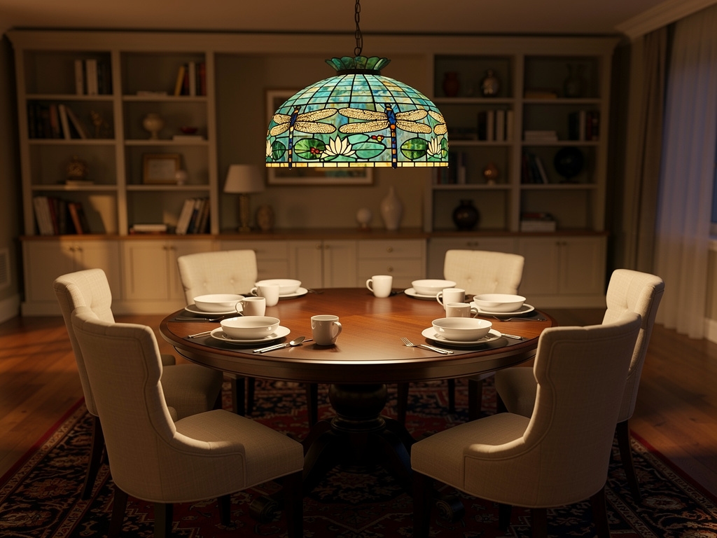 Lampa witrażowa Tiffany nad stołem w salonie – ciepłe światło przez kolorowe szkło z motywem roślinnym